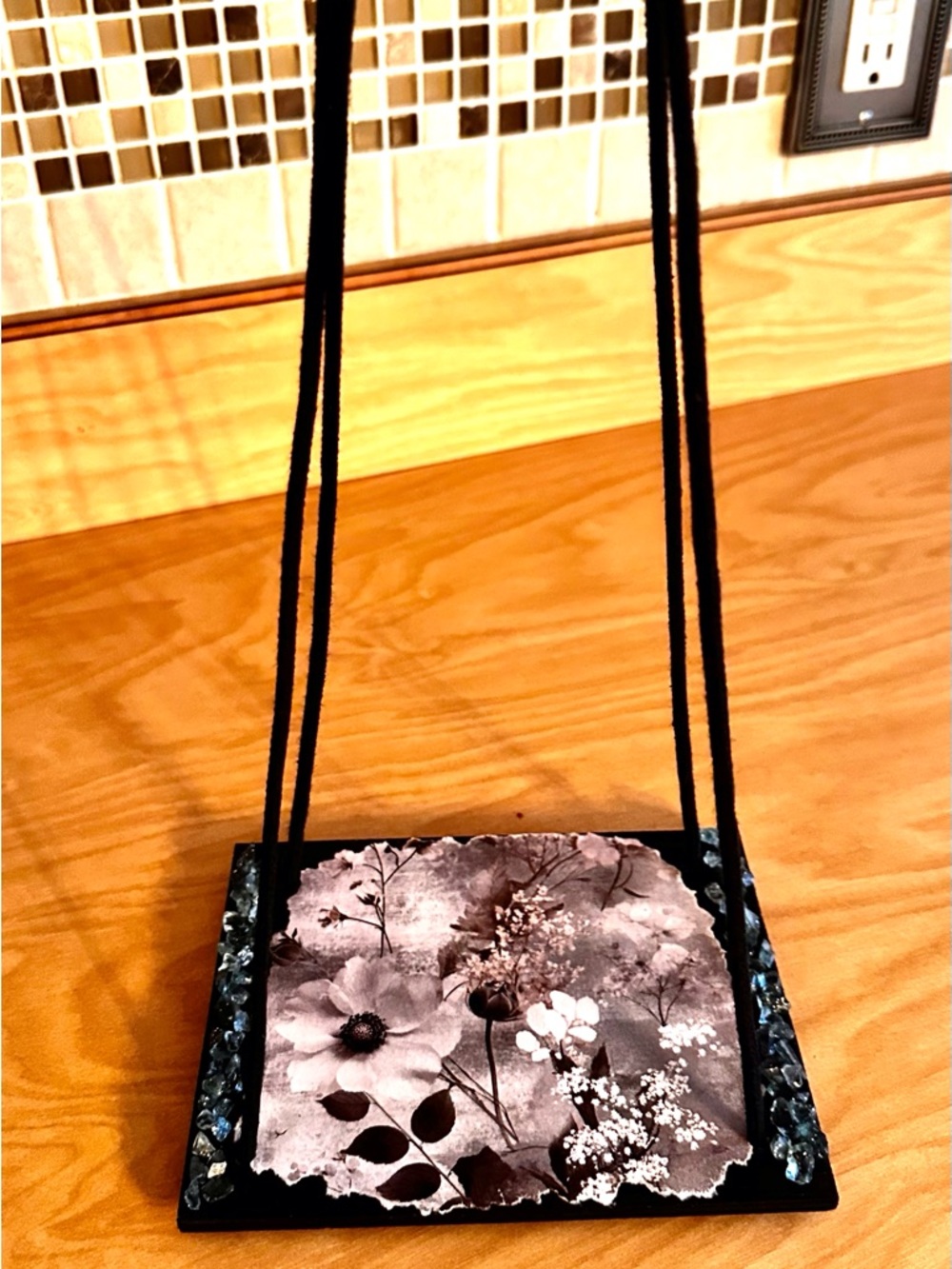 Hand crafted Floral Hanging shelf with Black Cord